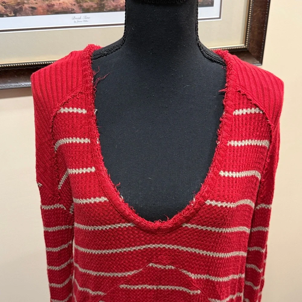 Free People Red and White Striped Long Sleeve Top